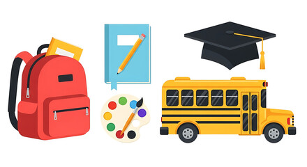 School supplies including backpack, book, pencil, palette, mortarboard hat, school bus. The scene captures the essence of education