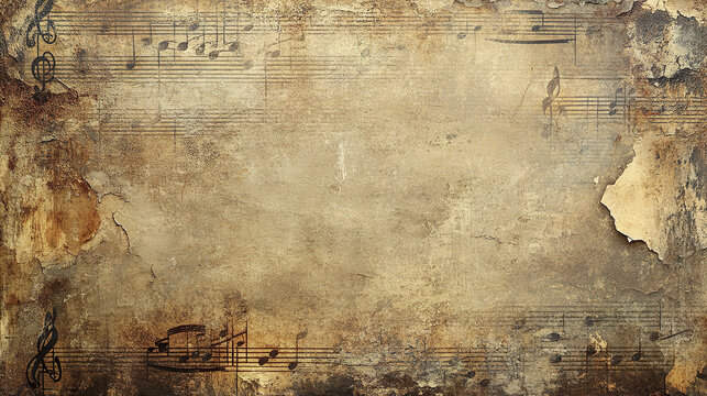 Grunge styled backdrop with vintage music notes and aged paper texture creating artistic and nostalgic atmosphere in muted brown tones