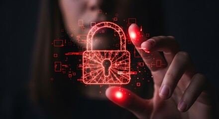 Person s hand interacting with a glowing red digital padlock security icon