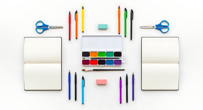 A creative array of art supplies arranged neatly, featuring notebooks, pens, and paints
