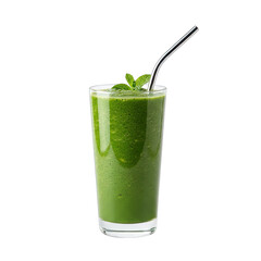 Healthy Green Smoothie With Mint And Metal Straw In A Tall Glass On A Transparent Background With Soft Lighting