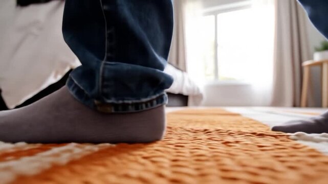 Person wearing jeans and socks standing on textured rug in bright home interior