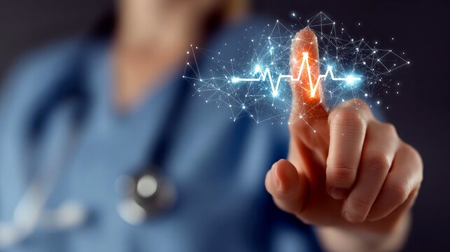 A close-up of a person's finger touching a glowing digital representation of a heartbeat waveform and a network of connected dots.