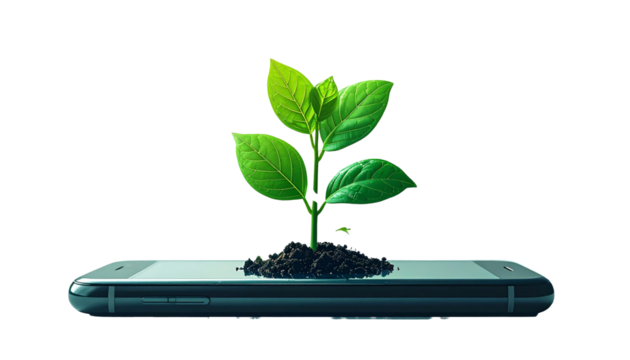 a blend of nature and technology, where a lush green shoot grows from the soil placed on a smartphone screen. This visual symbolizes the continuous growth of digital, i