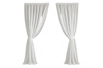 Two white sheer drapes with tie-backs adding elegance and a soft, airy feel to any window decor, transparent background