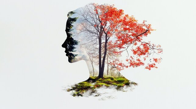 A profile silhouette of a woman's head and shoulders is filled with a double exposure of a forest scene, featuring trees with green and red autumn foliage.
