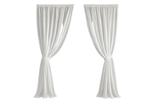 Two white sheer drapes with tie-backs adding elegance and a soft, airy feel to any window decor, transparent background