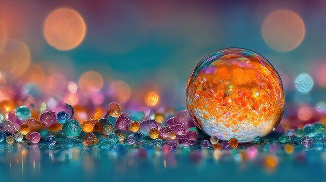 Glass orb rests on vibrant beads, colorful bokeh background