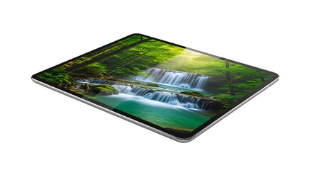 Tablet Displaying Cascading Waterfall: An elegant tablet showcases a captivating waterfall cascading down moss-covered rocks, framed by lush greenery and illuminated by the sun's gentle rays.