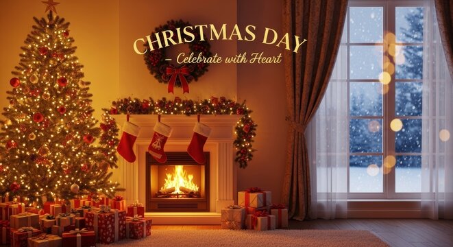 Illustration of a warmly decorated living room with a glowing Christmas tree, fireplace, and gifts beside the window, symbolizing joy, peace, and heartfelt warmth in celebration of Christmas Day