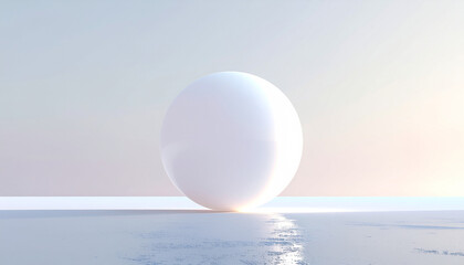 White sphere on reflective surface with soft, gradient background.