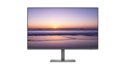 Serene Display: Captivating close-up of a modern monitor, showcasing a breathtaking sunset scene, it embodies technological elegance and natural beauty in perfect harmony.