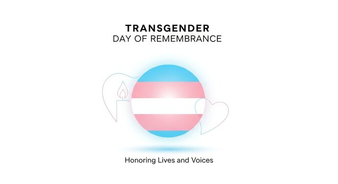 Transgender Day of Remembrance illustration with a glowing circular emblem in pride colors alongside soft heart and candle line art, symbolizing compassion, solidarity, and honoring lost lives