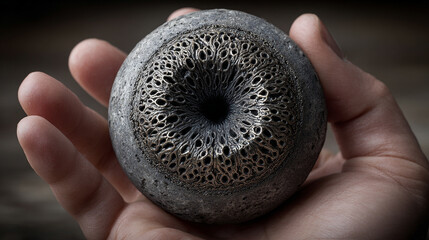 A hand gently holds a tiny black hole resembling a dark marble, radiating swirling cosmic energy and symbolizing the power and mystery of the universe in a single touch.