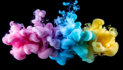 Colorful smoke cloud with pink, blue, and yellow hues against a black background.