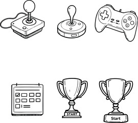 Black and white line art illustration of joysticks gamepads calendar and two trophy cups with start
