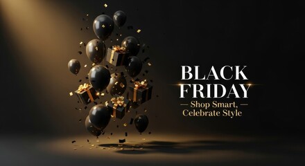 Illustration of black balloons and gold gift boxes floating against a dark backdrop, symbolizing luxury savings and stylish celebration for Black Friday shopping