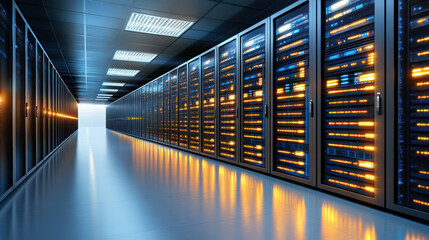 Fototapeta premium Clean server rack corridor with warm ambient glow and reflective floor, calm futuristic data