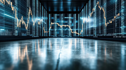 Stock market chart room with glowing blue data panels and reflective floor