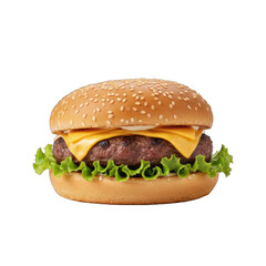 Isolated Juicy Cheeseburger With Sesame Seed Bun Crisp Lettuce And Melted Cheese On Transparent Background