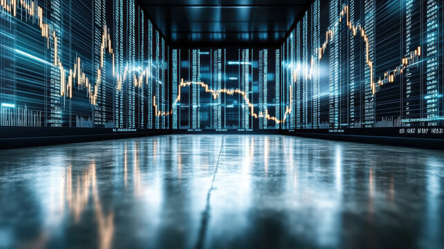 Stock market chart room with glowing blue data panels and reflective floor