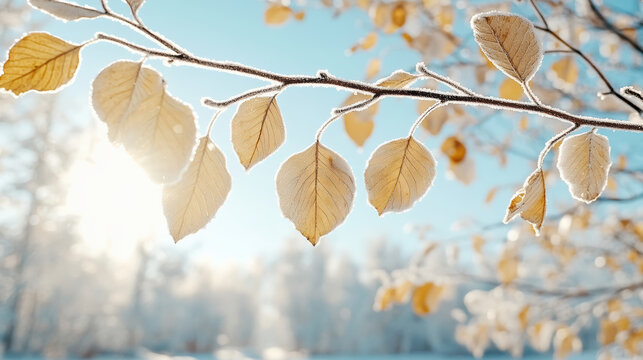 Frosted autumn leaf branch morning sunlight peaceful