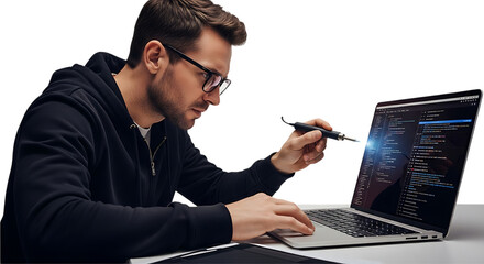 Programming Visionary: A focused man with glasses, immersed in coding on a laptop, holds a stylus, meticulously crafting digital solutions and embracing technology's potential.