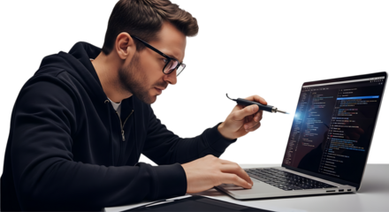 Programming Visionary: A focused man with glasses, immersed in coding on a laptop, holds a stylus, meticulously crafting digital solutions and embracing technology's potential.