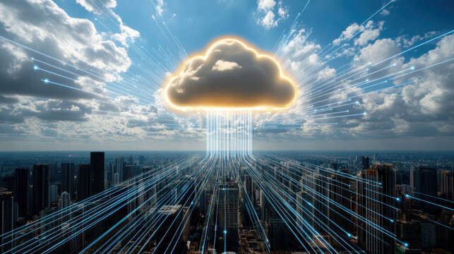 Cloud computing network cloud data center connection glowing cloud over city skyline with