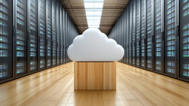 Cloud storage server room concept with white cloud icon and wooden pedestal, modern data center