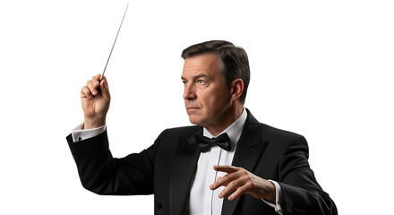 Maestro's Guidance: A focused conductor elegantly directs an orchestra, his baton guiding the harmonious creation of music. Capturing the poise and passion of classical musical performance.