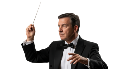 Maestro's Guidance: A focused conductor elegantly directs an orchestra, his baton guiding the harmonious creation of music. Capturing the poise and passion of classical musical performance.