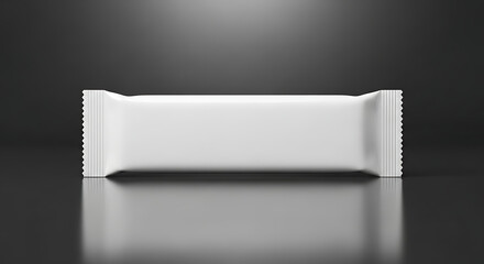Blank white snack bar packaging mockup for branding. Realistic 3D render of a flow wrap sachet on a dark reflective background