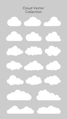 Cloud vector collection on gray background. Features 18 cloud vector designs. Simple cloud vector shapes for graphic design. Cloud vector set for creativity. Weather illustration, vector set.