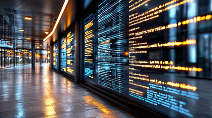Glowing code display corridor, digital code reflection, futuristic data visualization