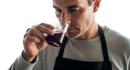 Wine Connoisseur: A seasoned individual, with focused eyes and a sophisticated demeanor, intently examines the aroma of a glass of rich, red wine.
