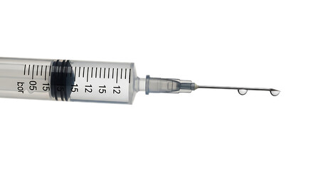 Precise Syringe: A close-up view of a sterile syringe, its needle poised with droplets, a symbol of medical precision and care.