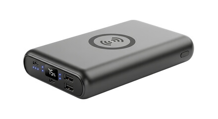 Modern Power Bank: Sleek, compact power bank showcasing cutting-edge charging technology for staying connected on the go. with wireless charging capability