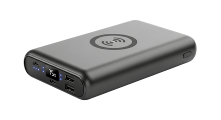 Modern Power Bank: Sleek, compact power bank showcasing cutting-edge charging technology for staying connected on the go. with wireless charging capability