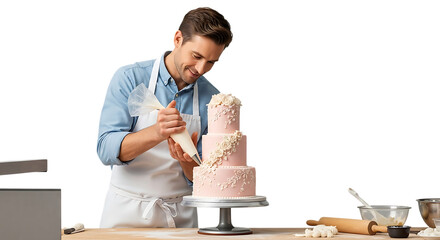 Cake Decorator in Action: A skilled pastry chef meticulously decorates a multi-tiered cake, showcasing precision and artistry in every detail, against the simple backdrop.