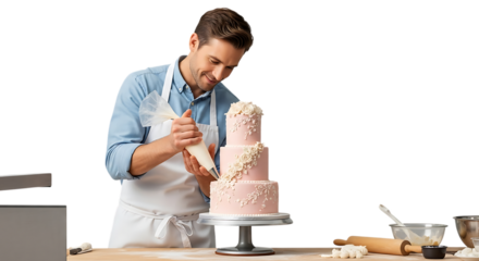 Cake Decorator in Action: A skilled pastry chef meticulously decorates a multi-tiered cake, showcasing precision and artistry in every detail, against the simple backdrop.
