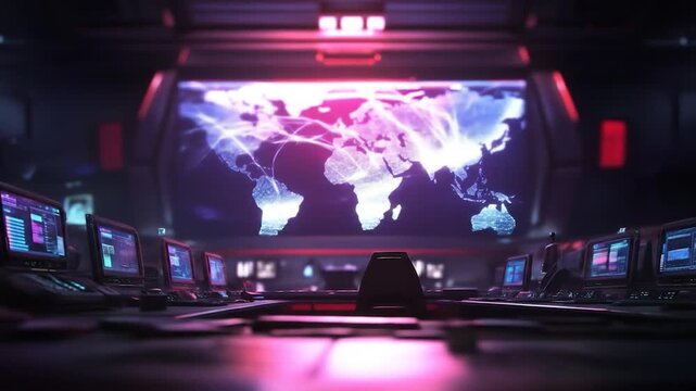Global network map displayed in futuristic control room command center with multiple monitors