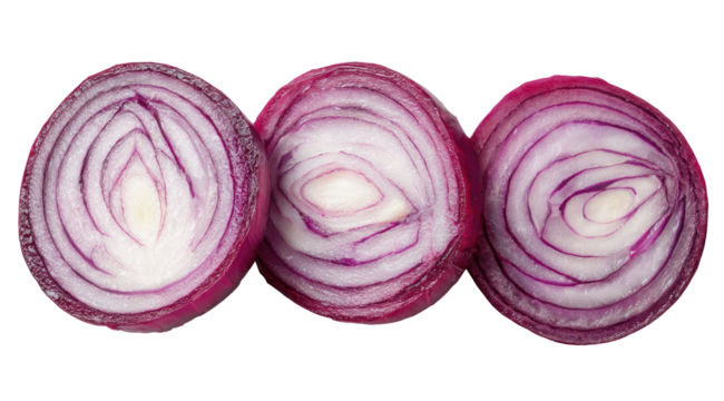 Three sliced red onions, concentric circles of vibrant red and white