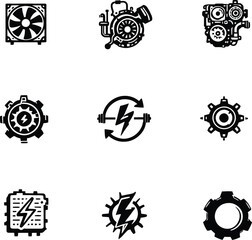 Collection of nine black and white icons depicting mechanical and electrical components in a grid layout