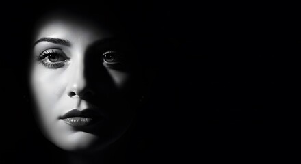 Fototapeta premium Dramatic Black and White Portrait of a Woman in Shadow with Inte