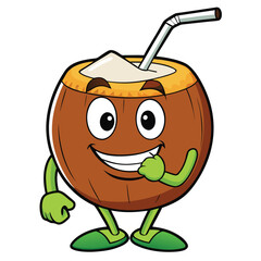 Cartoon happy coconut character with straw vector illustration isolated on white