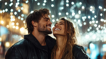 Couple smiling in rain under bokeh lights, romantic joyful night street scene