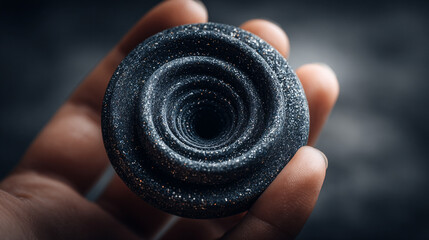 A hand gently holds a tiny black hole resembling a dark marble, radiating swirling cosmic energy and symbolizing the power and mystery of the universe in a single touch.