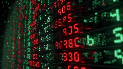 Vibrant Display of Fluctuating Stock Market Data in Red and Green, Dynamic Stock Market Ticker Display with Rising and Falling Prices - Powered by Adobe