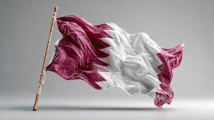 Maroon/white waving fabric flag on pole, against soft background